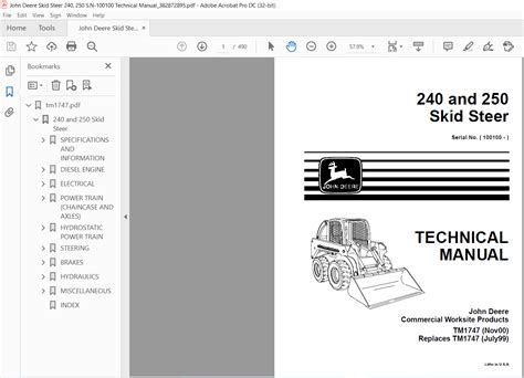 Tech Manual for John Deere 240 250 skid steer